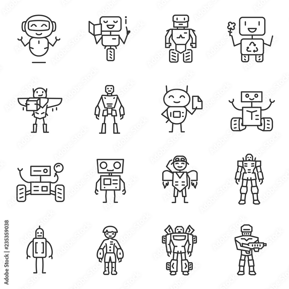 Robots, icon set. robot characters, machines of various specialties and different purposes, linear icons. Line with editable stroke Robots, icon set. robot characters, machines of various specialties and different purposes, linear icons. Line with editable stroke