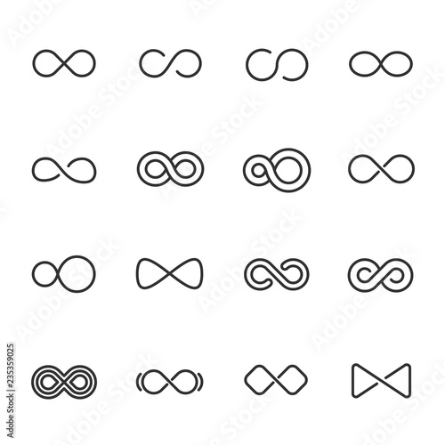Infinity, icon set. Different shapes, linear icons. Line with editable stroke