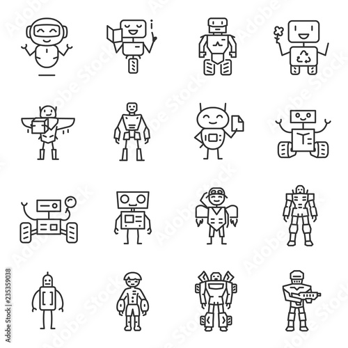 Robots, icon set. robot characters, machines of various specialties and different purposes, linear icons. Line with editable stroke