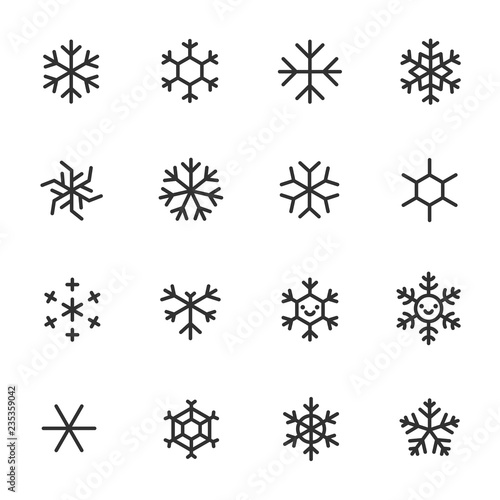 Snowflakes, icon set. Different shapes, linear icons. Line with editable stroke