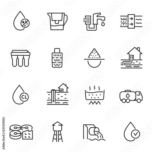 Water purification, icon set. Filtration, disinfection and storage, linear icons. Line with editable stroke