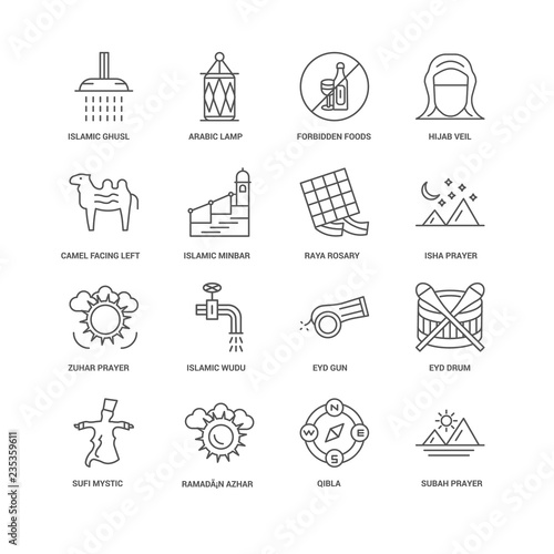16 linear icons related to Subah Prayer, Islamic Minbar, Ghusl,