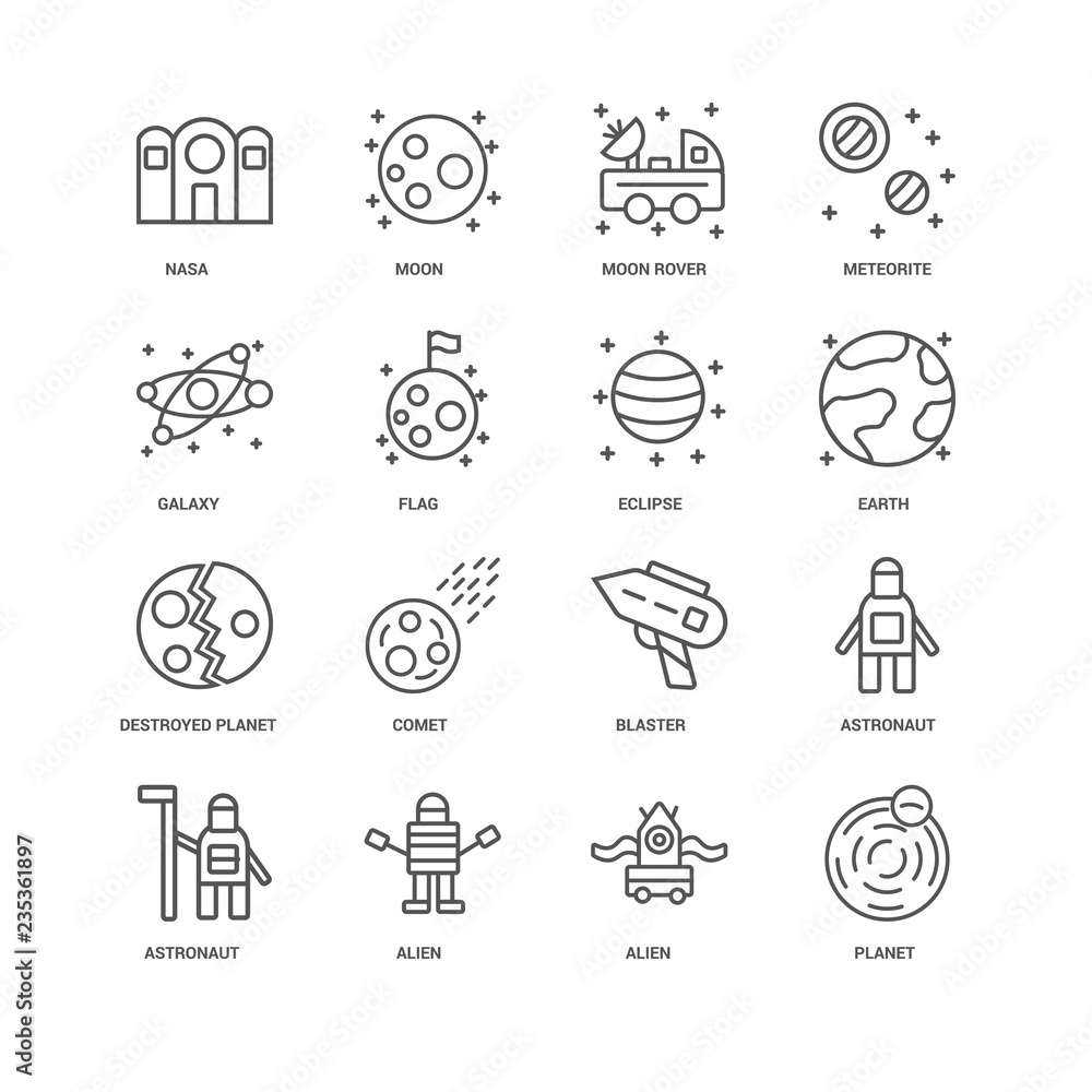 16 linear icons related to Planet, Flag, Nasa, undefined, Astron