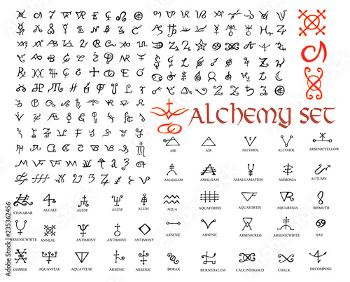 Large set of alchemical symbols isolated on white. Hand drawn elements for design.