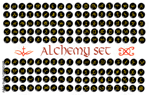 Large set of  golden alchemical symbols carved on stone isolated on white. Hand drawn elements for design. photo