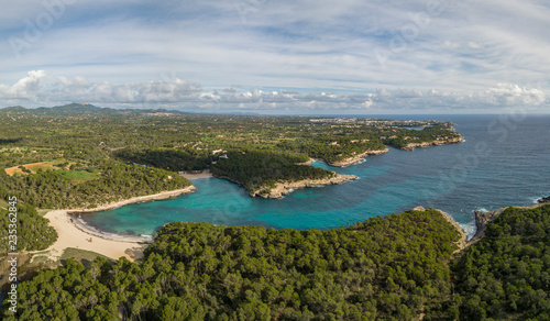 Aerial view of award winning S'Aramador Beach in the South-East of Mallorca island