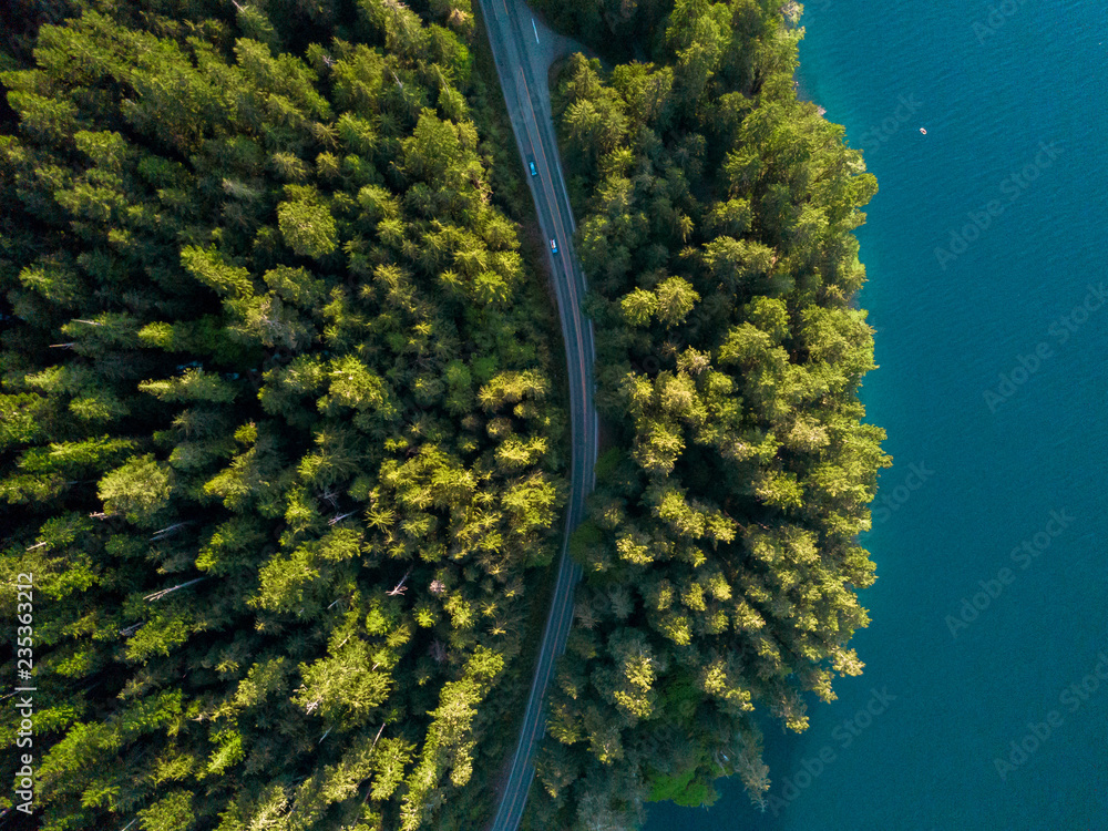 Aerial view looking down at a road running though the green forest along the coastline of a bright blue lake
