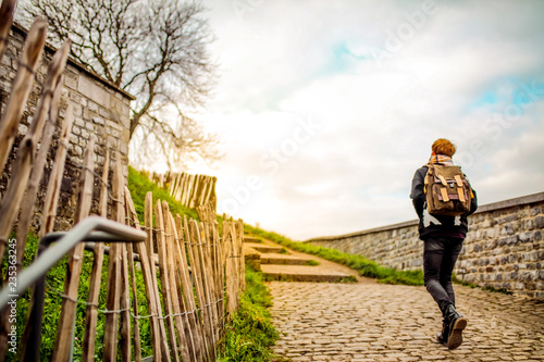 Namur, Kingdom of Belgium. Tourists Walking on the Inside top of The Wall of Citadelle de namur.