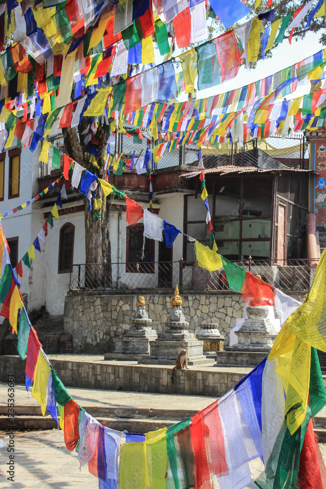 Nepalese prayer flags in the Swayambhunath temple complex. Nepal, Himalayas