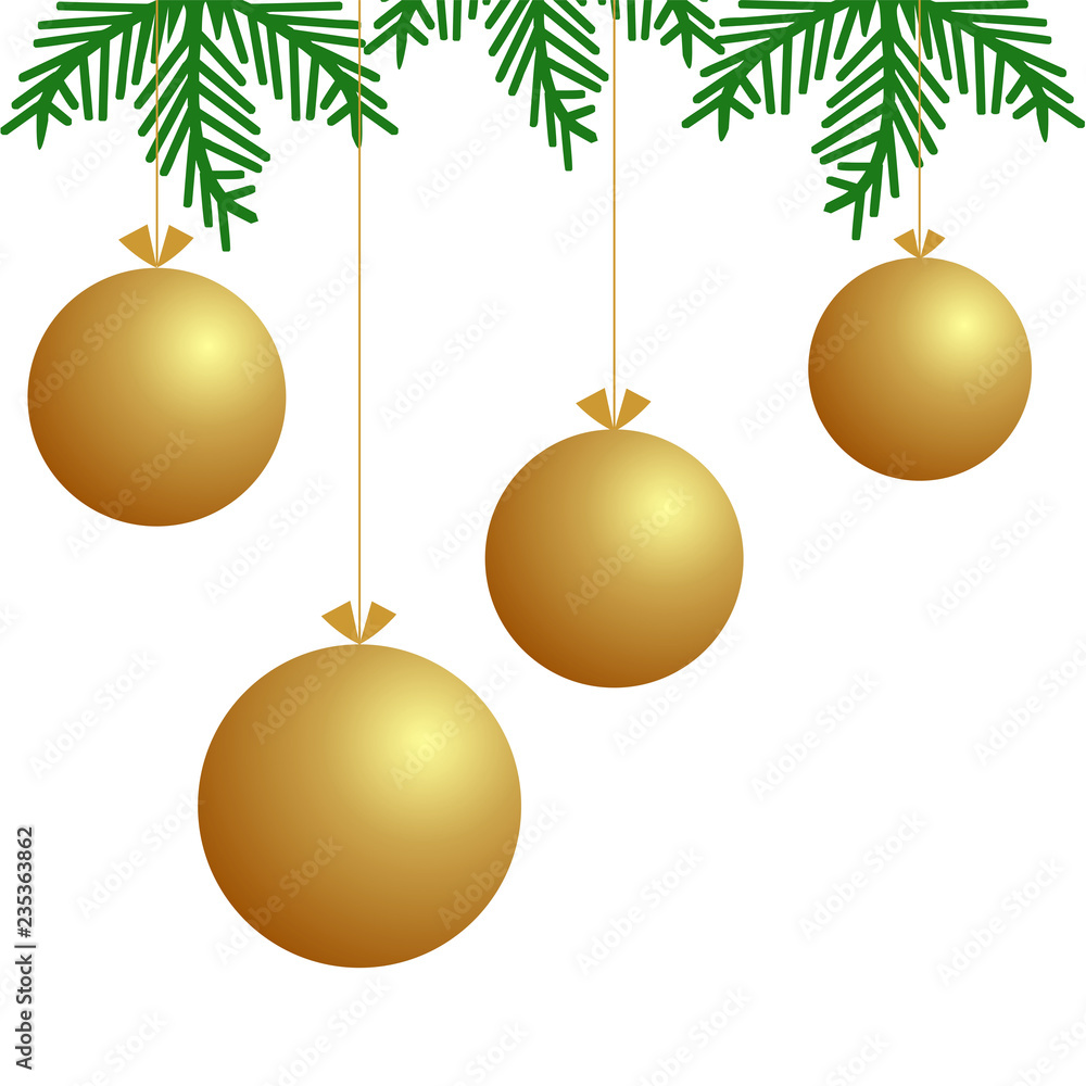 Christmas background with golden balls and branches christmas tree.