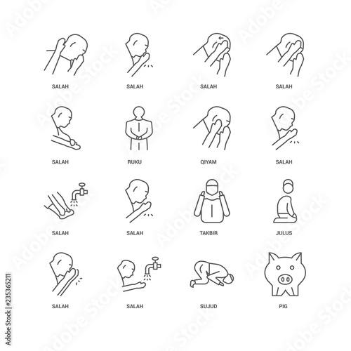 16 linear icons related to Pig, Sujud, Salah, Julus, Qiyam, unde