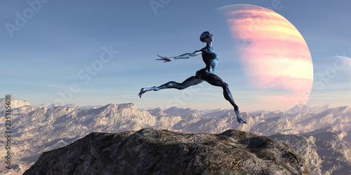 3d illustration of an female extraterrestrial leaping with her arms back on a mountain top with a large planet and a small moon in the background.