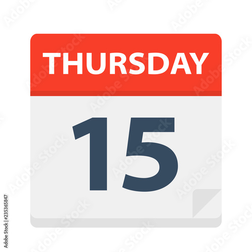 Thursday 15 - Calendar Icon. Vector illustration of week day paper leaf.