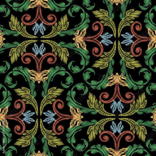 Embroidery baroque vector seamless pattern. Colorful floral grunge background. Tapestry wallpaper. Arras damask flowers, scroll branches, leaves, hatching baroque ornaments. Embroidered ornate texture