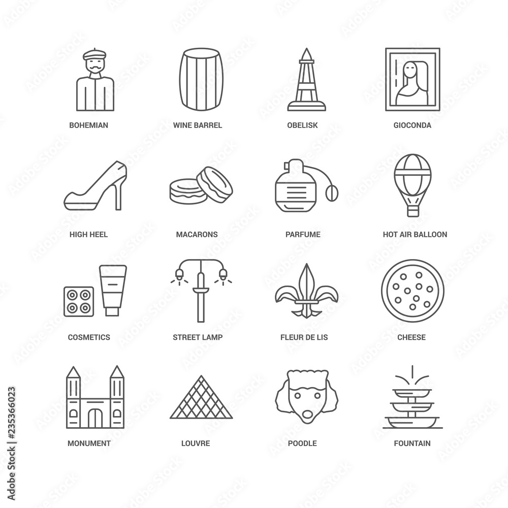 Fototapeta premium 16 linear icons related to Fountain, Macarons, Bohemian, undefin