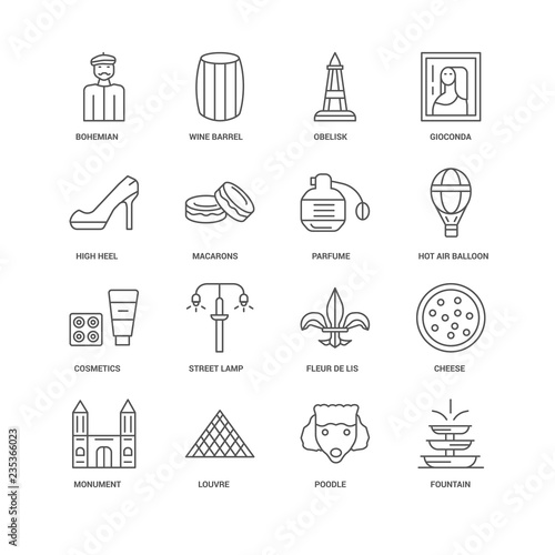 16 linear icons related to Fountain, Macarons, Bohemian, undefin