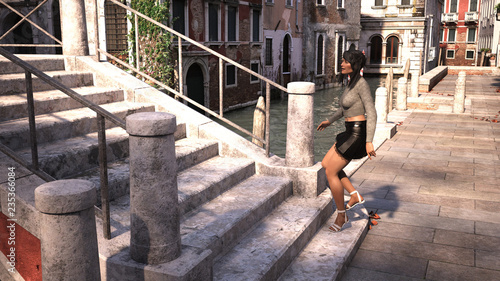 3d illustration of a woman walking up stone stairs in a Venice setting in the late afternoon sunlight.