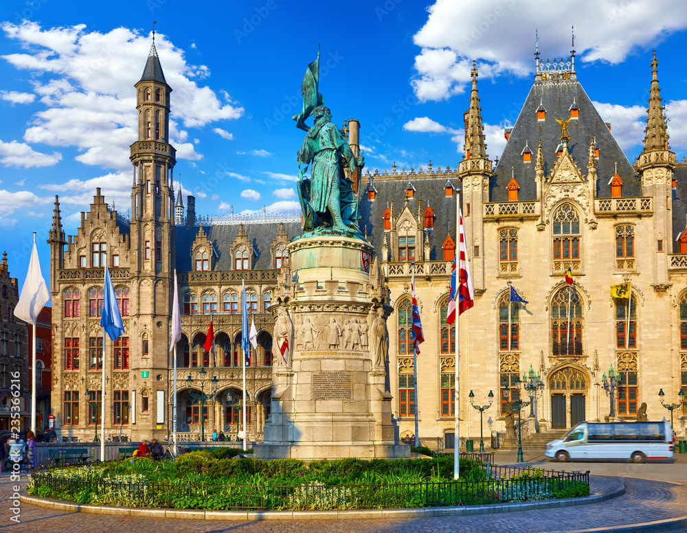 Fototapeta premium Bruges, Belgium. Central market square Grote Markt, historical