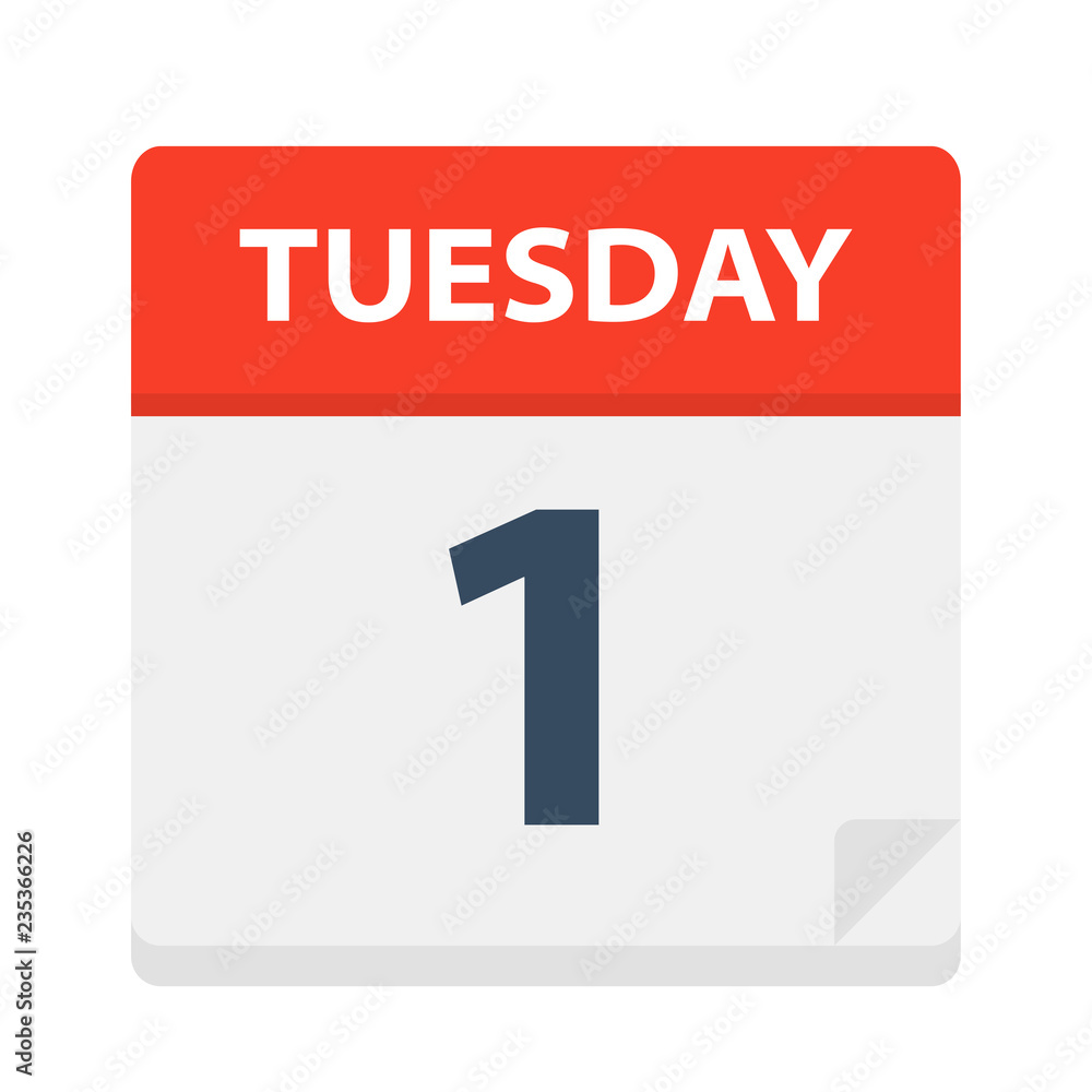 Tuesday 1 - Calendar Icon. Vector illustration of week day paper leaf.