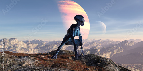 3d illustration of an female extraterrestrial looking at an alien world while crouching on a mountain top with large and small planets in the background.