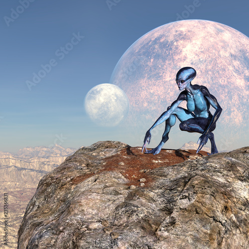 3d illustration of an female extraterrestrial looking at an alien world while crouching on a large boulder with twin moons in the background.