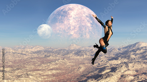 3d illustration of a woman leaping through the sky on an alien world with blue sky and double moons in the background. © Bert Folsom