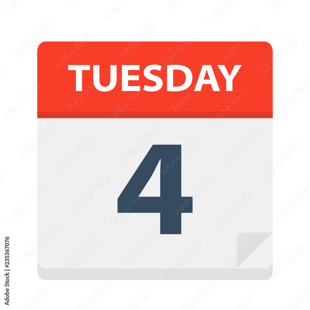 Tuesday 4 - Calendar Icon. Vector illustration of week day paper leaf. Tuesday 4 - Calendar Icon. Vector illustration of week day paper leaf.