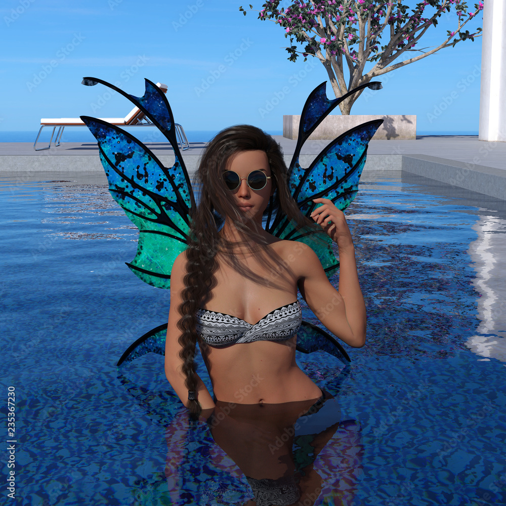 3d illustration of a green winged fairy in a strapless bikini wearing  sunglasses waist deep in a swimming pool at a resort setting with a hand  raised. Stock-illustration | Adobe Stock