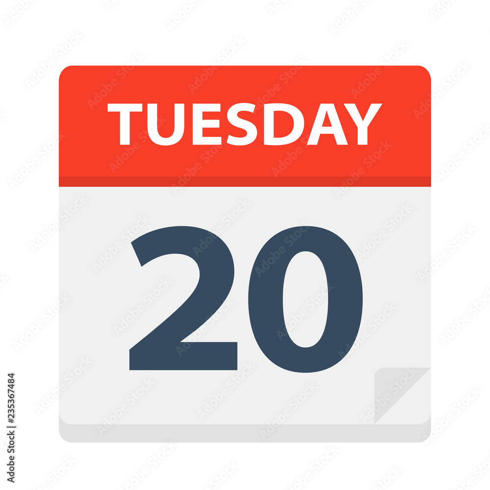 Tuesday 20 - Calendar Icon. Vector illustration of week day paper leaf. Tuesday 20 - Calendar Icon. Vector illustration of week day paper leaf.