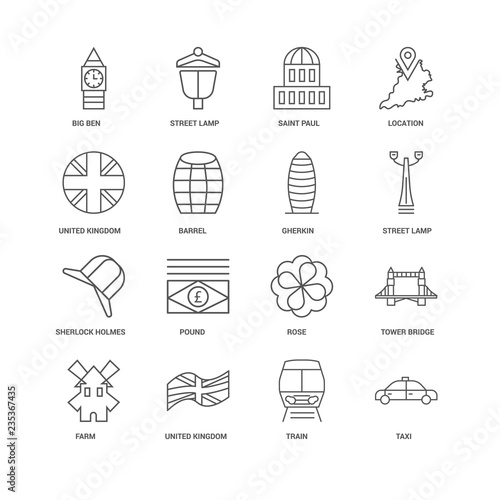 16 linear icons related to Taxi, Barrel, Big ben, undefined, Tow