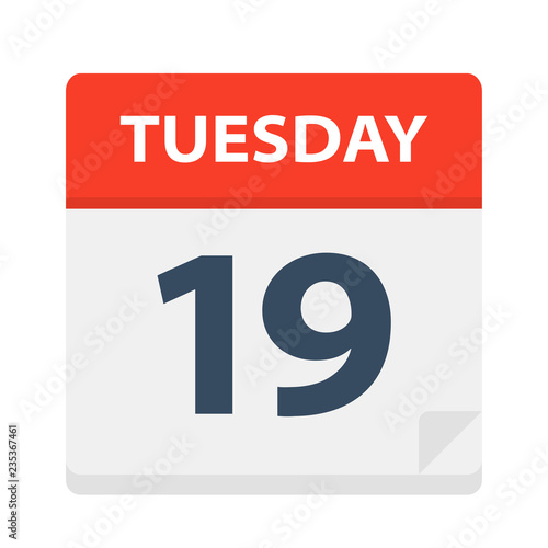 Tuesday 19 - Calendar Icon. Vector illustration of week day paper leaf.
