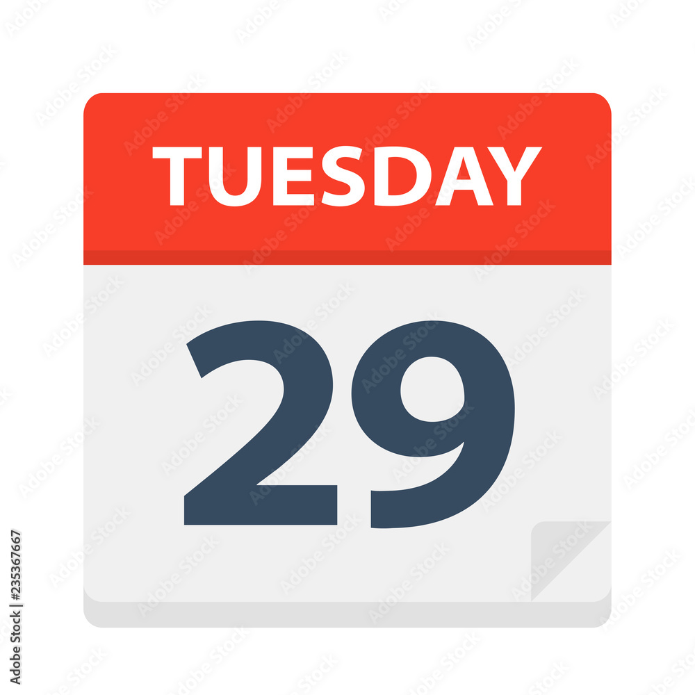 Tuesday 29 - Calendar Icon. Vector illustration of week day paper leaf. Tuesday 29 - Calendar Icon. Vector illustration of week day paper leaf.