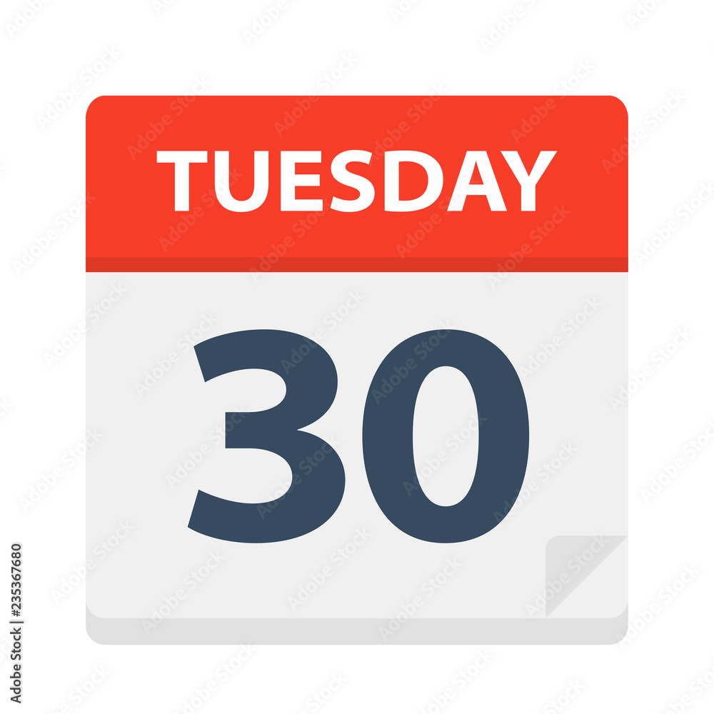 Tuesday 30 - Calendar Icon. Vector illustration of week day paper leaf. Tuesday 30 - Calendar Icon. Vector illustration of week day paper leaf.
