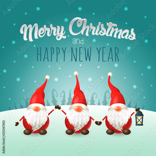 Merry Christmas and happy New Year greeting card - Scandinavian gnomes on winter landscape