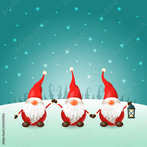 Scandinavian gnomes on winter landscape - Tomte, Nisse or Tomtenisse