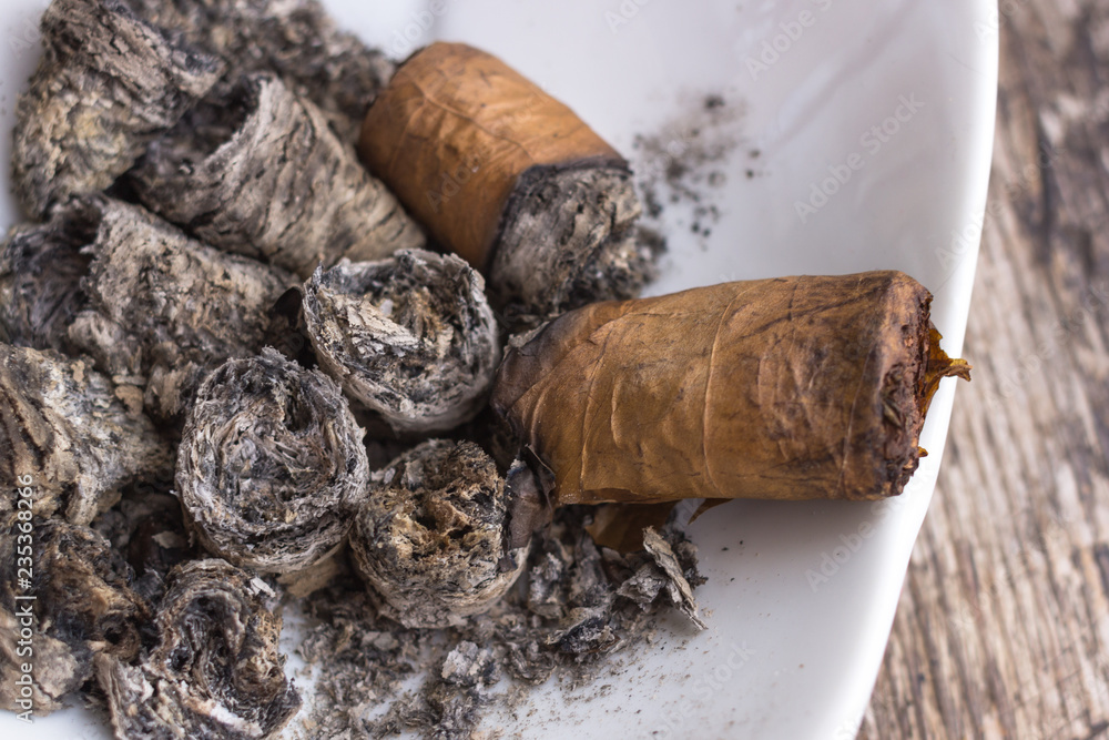 Ash cigars in the ashtray. Dear Cuban cigar. Cigar good twist. Tobacco
