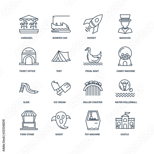 Set Of 16 outline icons such as Castle, Toy machine, Ghost, Food