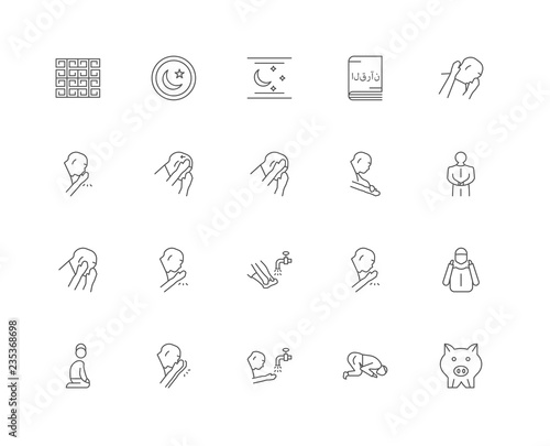 20 linear icons related to Pig, Sujud, Salah, Julus, Qiyam, Moon