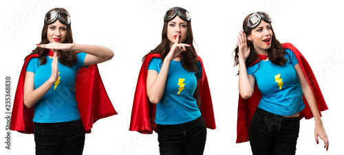 Set of Pretty superhero girl making silence gesture and time out gesture © luismolinero