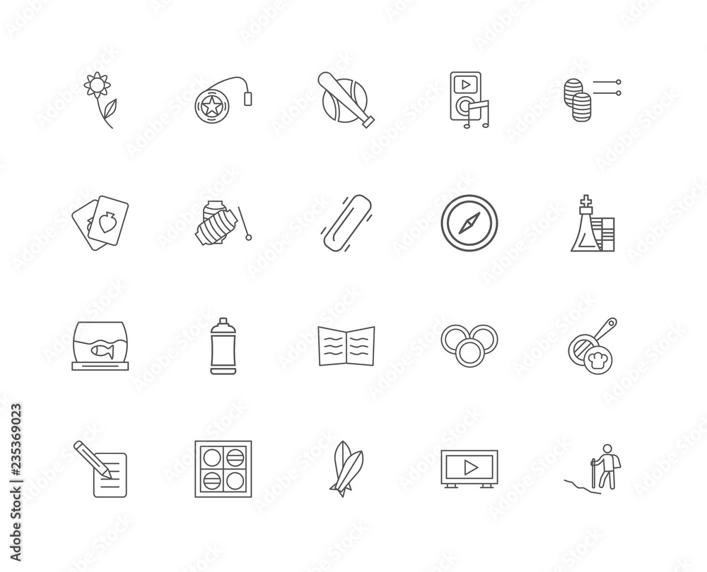 20 linear icons related to Hiking, Tv, Surfboard, Checkers, Writ 20 linear icons related to Hiking, Tv, Surfboard, Checkers, Writ