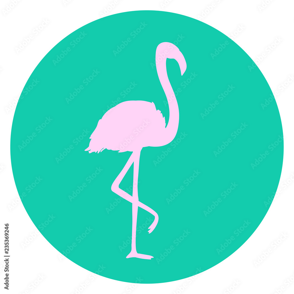 Fototapeta premium Flamingo in circle on white. Cartoon bird. Image for polygraphy, t-shirts and textiles. Web icon. Colored illustration