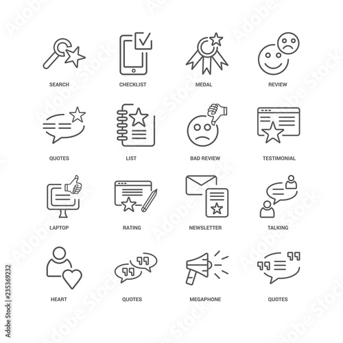 16 linear icons related to Quotes, Megaphone, Heart, Talking, Se