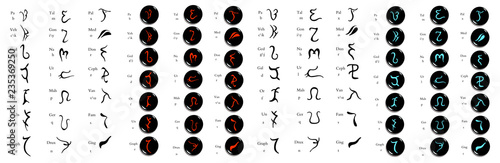 Set of hand drawn enochian magical alphabet, artificial language symbols. carved on stone isolated on white.