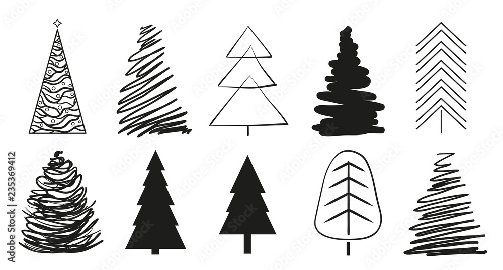 Fototapeta premium Christmas trees on white. Set for icons on isolated background. Geometric art. Objects for polygraphy, posters, t-shirts and textiles. Black and white illustration