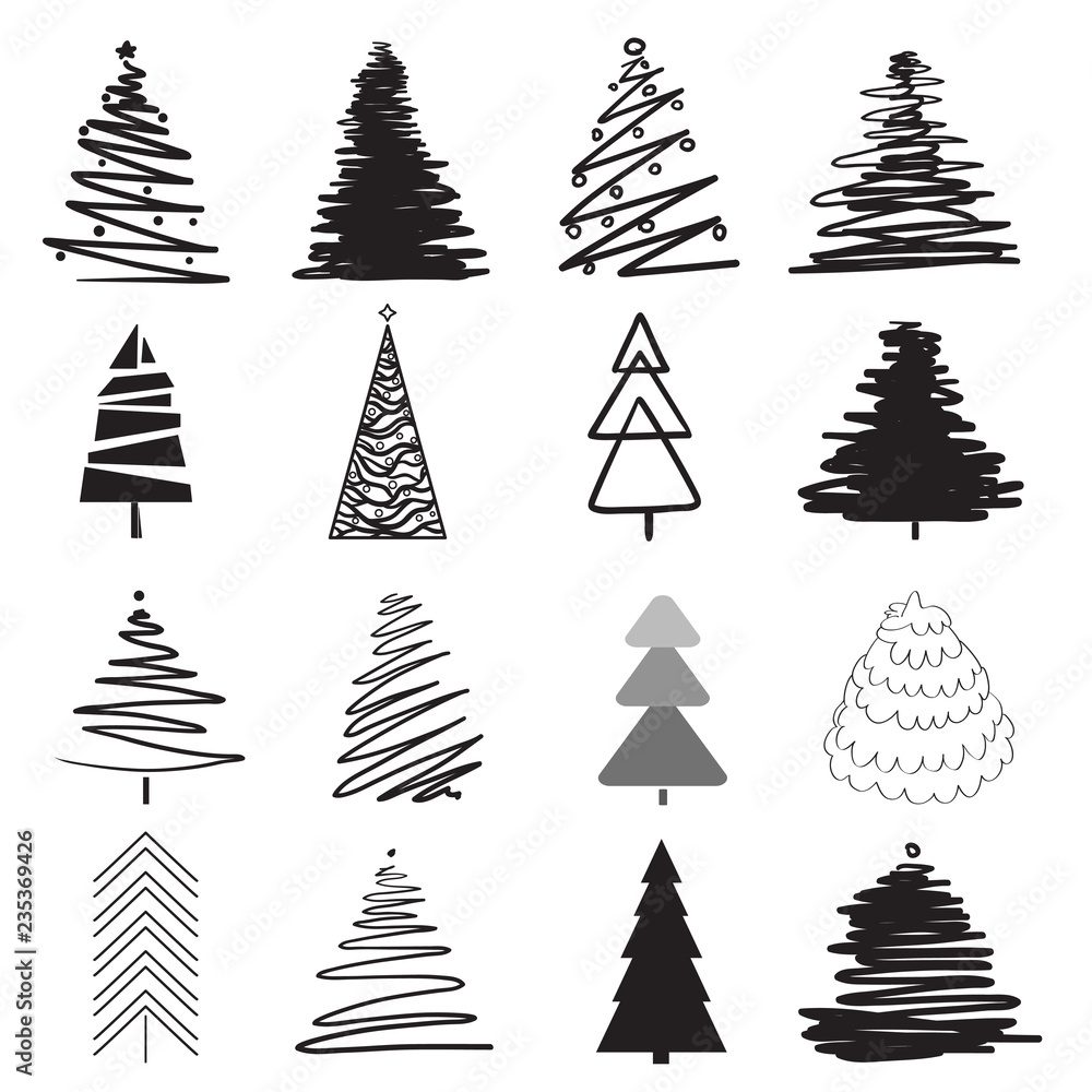 Christmas trees on white. Set for icons on isolated background. Geometric art. Objects for polygraphy, posters, t-shirts and textiles. Black and white illustration Christmas trees on white. Set for icons on isolated background. Geometric art. Objects for polygraphy, posters, t-shirts and textiles. Black and white illustration