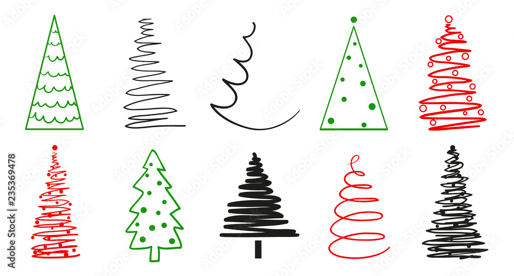 Christmas trees on white. Set on isolated background. Objects for banners, posters, t-shirts and textiles Christmas trees on white. Set on isolated background. Objects for banners, posters, t-shirts and textiles