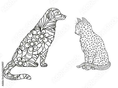 Dog and cat on white. Hand drawn animals with abstract patterns on isolation background. Design for spiritual relaxation for adults. Black and white illustration for coloring. Zen art