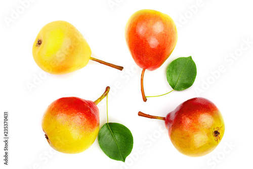 ripe red yellow pear fruits with leaf isolated on white background. Top view. Flat lay pattern