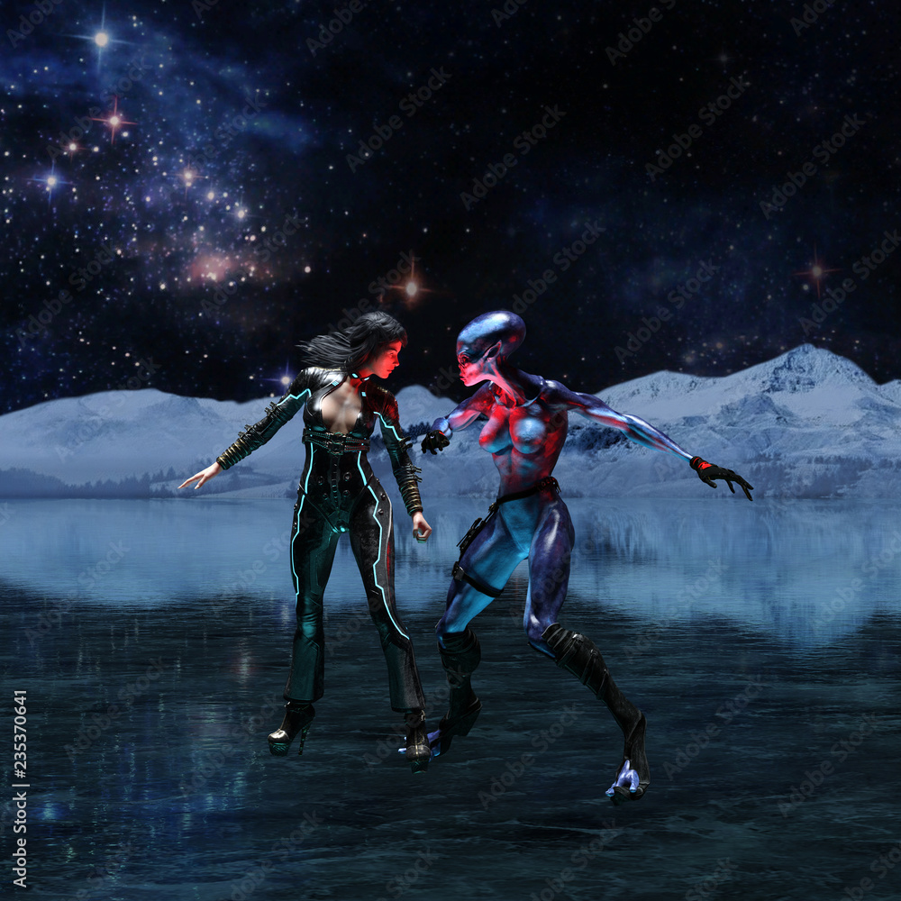 Fototapeta premium 3d illustration wide view of an extraterrestrial and a female human facing off on an icy alien world with the universe in the background.