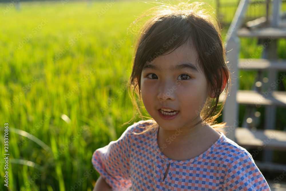 Portrait Cute little girl Asian happy background Rice field Portrait Cute little girl Asian happy background Rice field